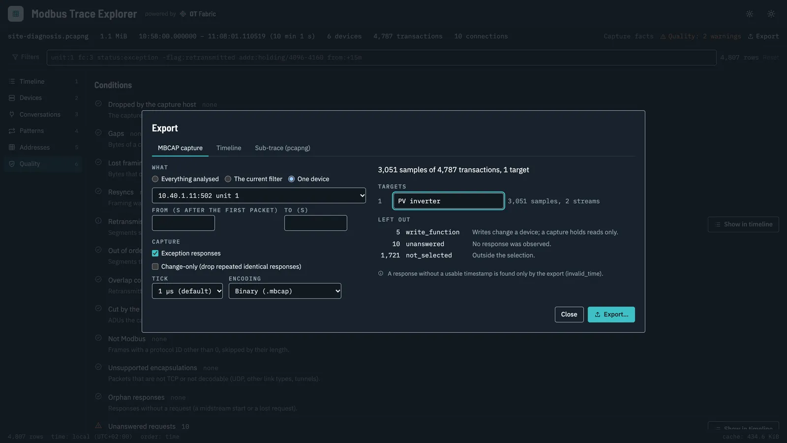 The export dialog for one device, with the preview of samples and exclusions.