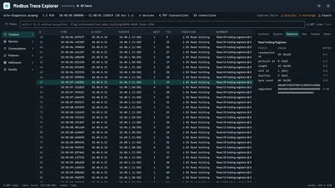 Modbus Trace Explorer with a ten-minute site trace open. The timeline lists one row per Modbus transaction, and the detail pane decodes the selected response field by field.